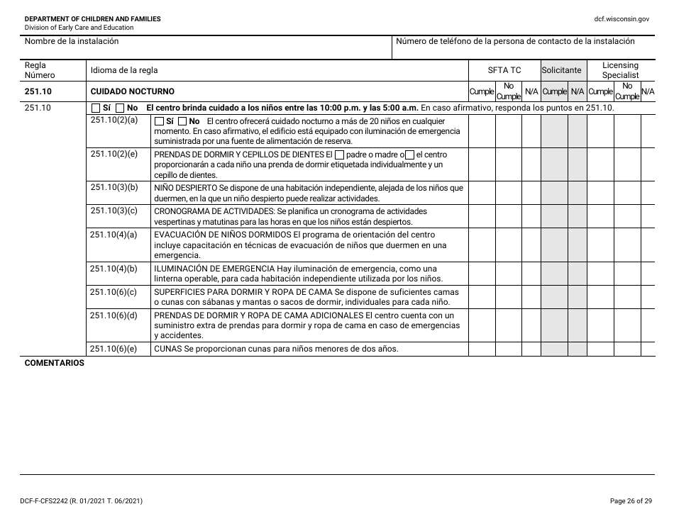 Formulario DCF-F-CFS2242-S Lista De Verificacion De La Licencia Inicial: Centros Grupales De Cuidado Infantil - Wisconsin (Spanish), Page 26