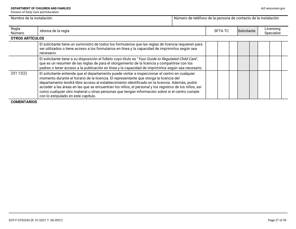 Formulario DCF-F-CFS2242-S Lista De Verificacion De La Licencia Inicial: Centros Grupales De Cuidado Infantil - Wisconsin (Spanish), Page 27