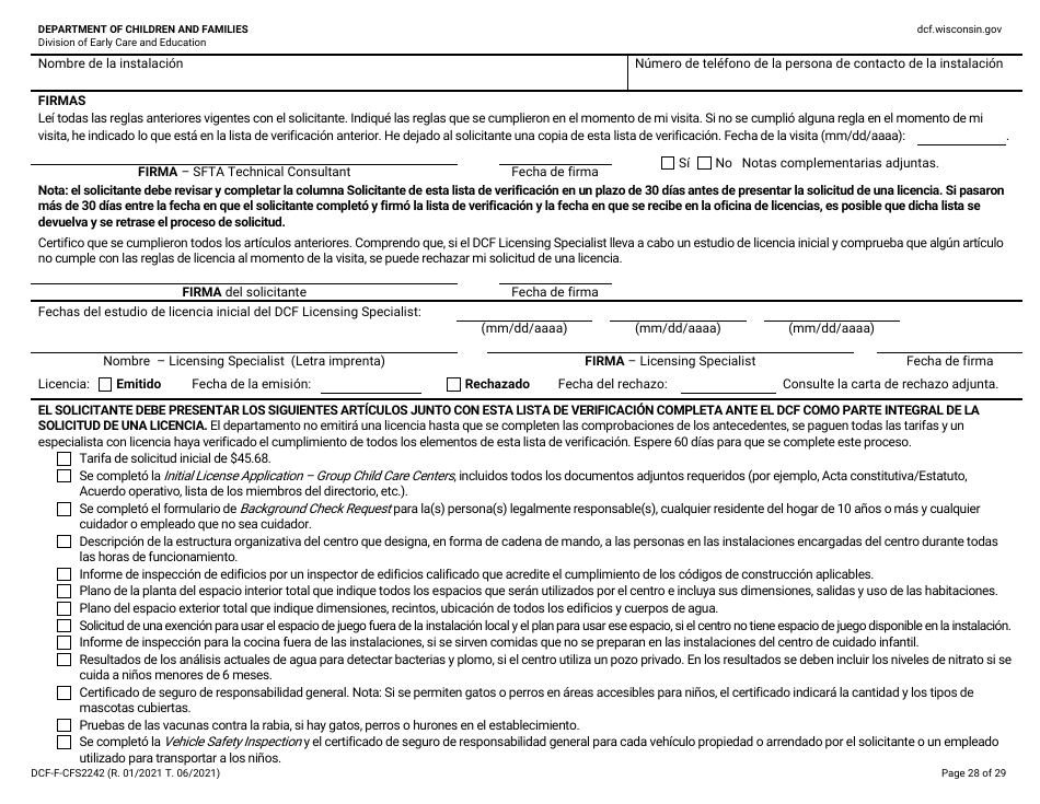 Formulario DCF-F-CFS2242-S Lista De Verificacion De La Licencia Inicial: Centros Grupales De Cuidado Infantil - Wisconsin (Spanish), Page 28