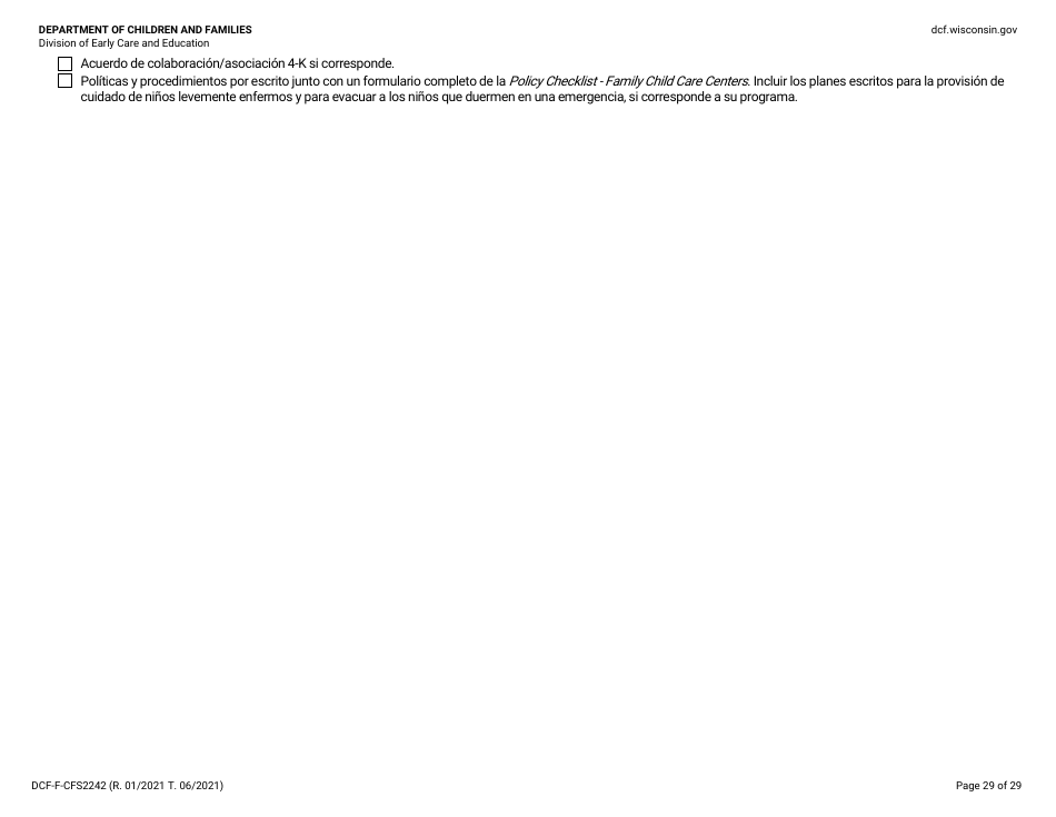 Formulario DCF-F-CFS2242-S Lista De Verificacion De La Licencia Inicial: Centros Grupales De Cuidado Infantil - Wisconsin (Spanish), Page 29