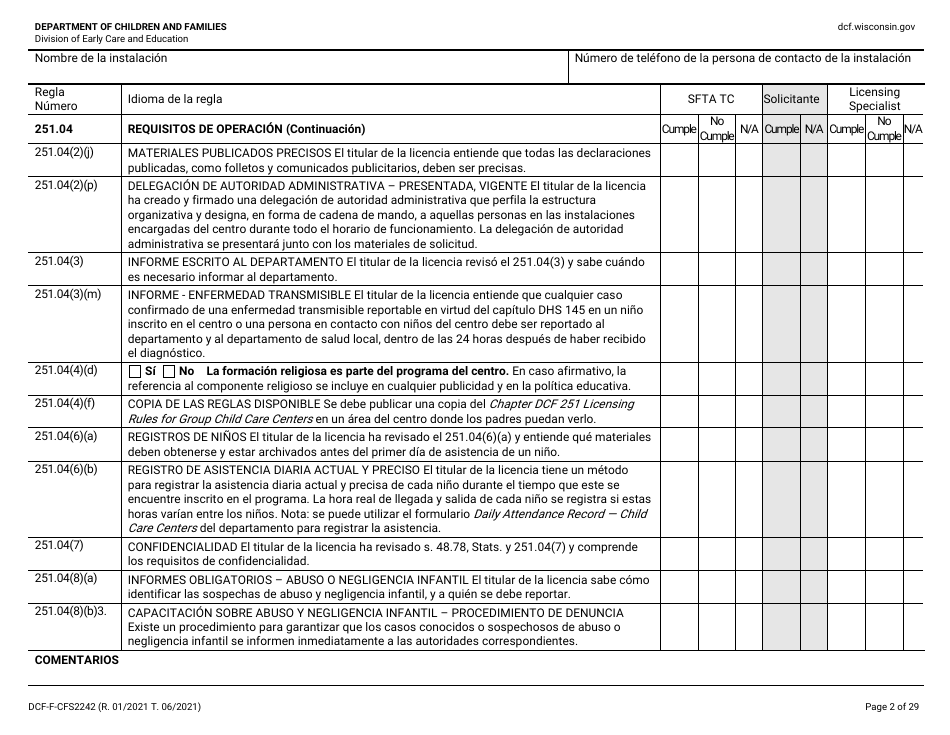 Formulario DCF-F-CFS2242-S Lista De Verificacion De La Licencia Inicial: Centros Grupales De Cuidado Infantil - Wisconsin (Spanish), Page 2