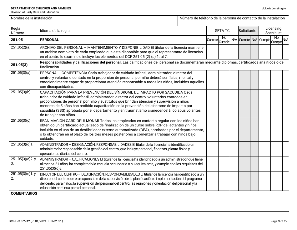 Formulario DCF-F-CFS2242-S Lista De Verificacion De La Licencia Inicial: Centros Grupales De Cuidado Infantil - Wisconsin (Spanish), Page 3