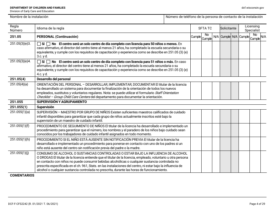 Formulario DCF-F-CFS2242-S Lista De Verificacion De La Licencia Inicial: Centros Grupales De Cuidado Infantil - Wisconsin (Spanish), Page 4