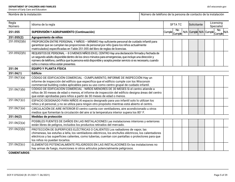 Formulario DCF-F-CFS2242-S Lista De Verificacion De La Licencia Inicial: Centros Grupales De Cuidado Infantil - Wisconsin (Spanish), Page 5