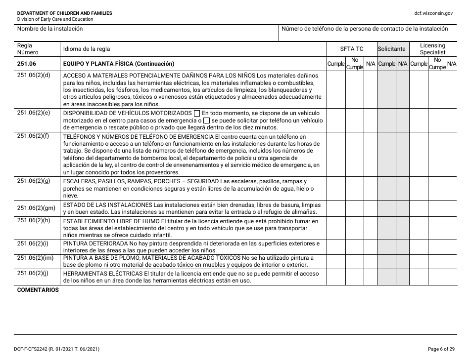 Formulario DCF-F-CFS2242-S Lista De Verificacion De La Licencia Inicial: Centros Grupales De Cuidado Infantil - Wisconsin (Spanish), Page 6