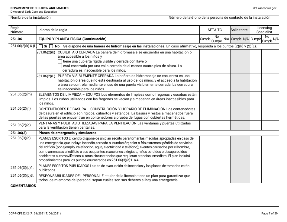Formulario DCF-F-CFS2242-S Lista De Verificacion De La Licencia Inicial: Centros Grupales De Cuidado Infantil - Wisconsin (Spanish), Page 7