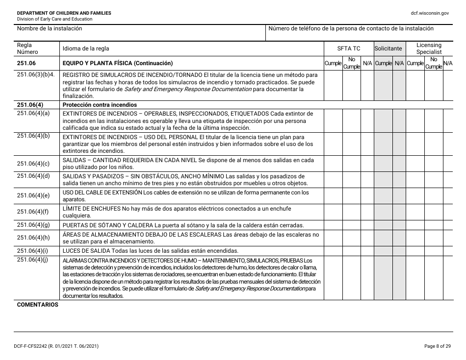 Formulario DCF-F-CFS2242-S Lista De Verificacion De La Licencia Inicial: Centros Grupales De Cuidado Infantil - Wisconsin (Spanish), Page 8