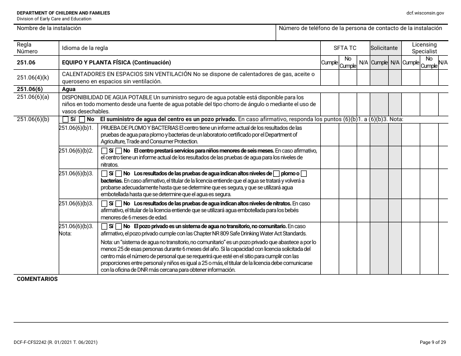 Formulario DCF-F-CFS2242-S Lista De Verificacion De La Licencia Inicial: Centros Grupales De Cuidado Infantil - Wisconsin (Spanish), Page 9
