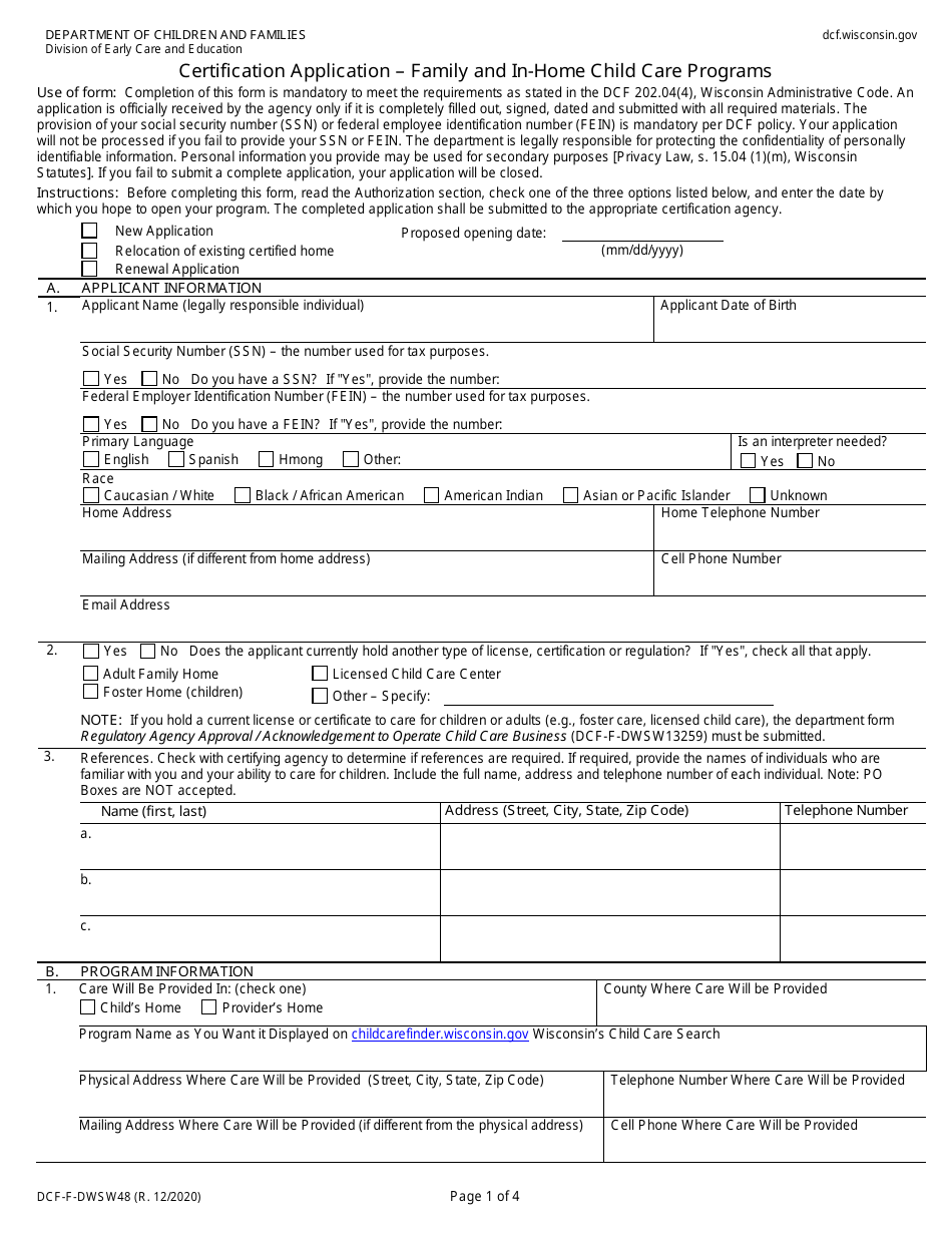 Form DCF-F-DWSW48 Certification Application - Family and in-Home Child Care Programs - Wisconsin, Page 1
