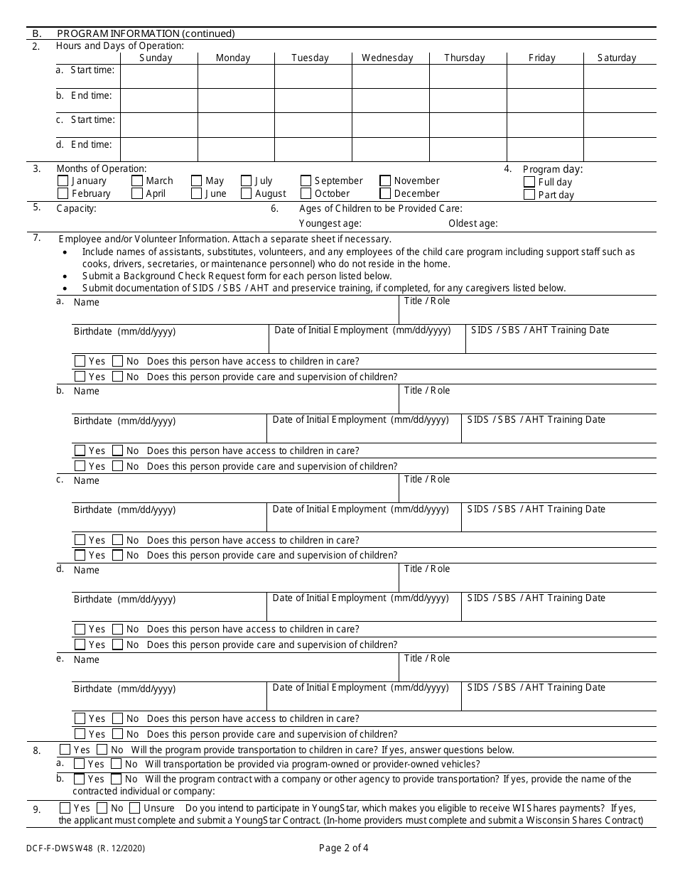 Form DCF-F-DWSW48 Certification Application - Family and in-Home Child Care Programs - Wisconsin, Page 2