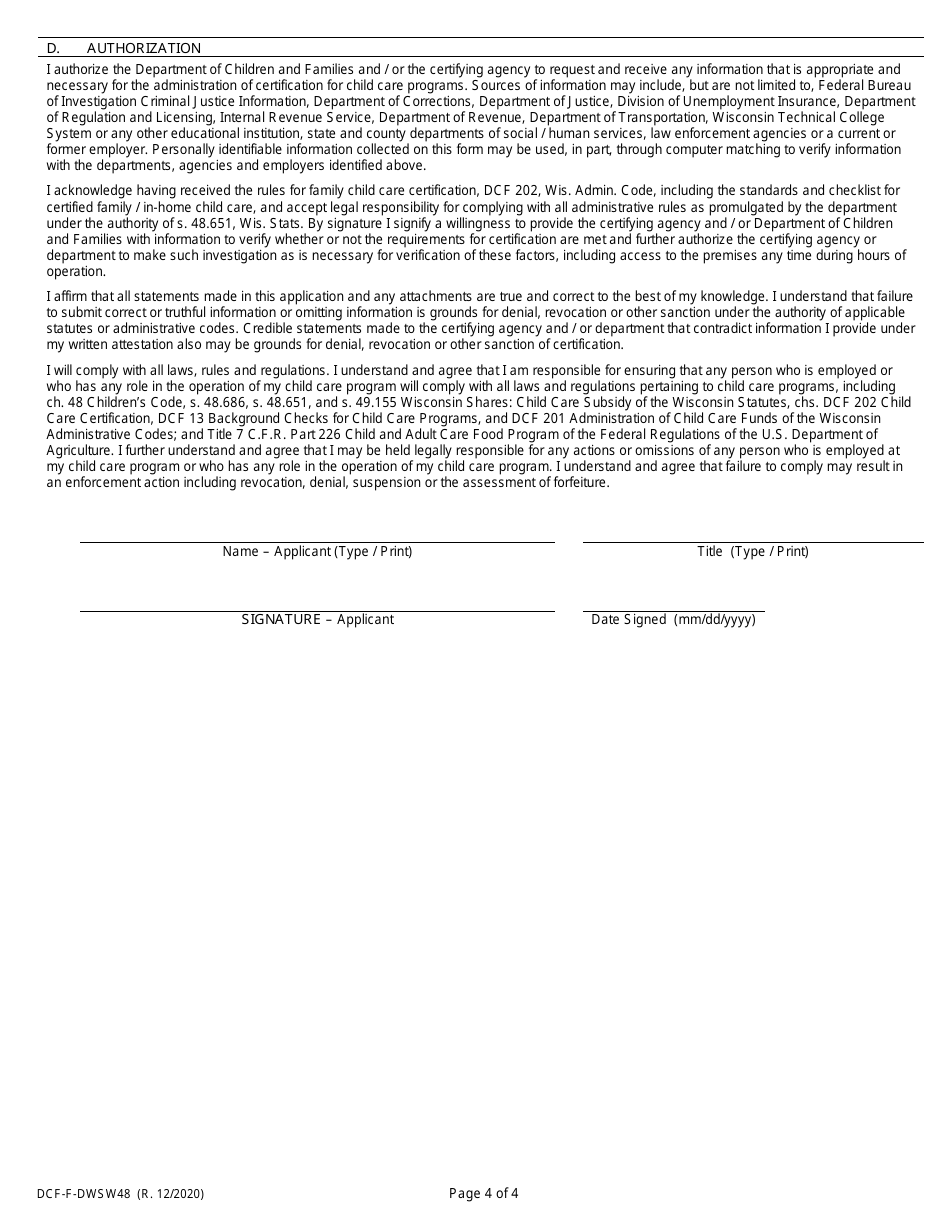 Form DCF-F-DWSW48 Certification Application - Family and in-Home Child Care Programs - Wisconsin, Page 4