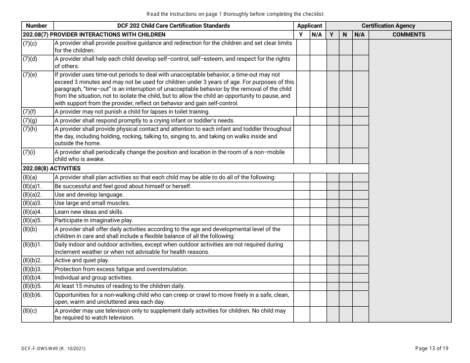 Form DCF-F-DWSW49 Standards and Checklist - Family / In-home Child Care Certification - Wisconsin, Page 13