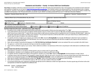Form DCF-F-DWSW49 Standards and Checklist - Family/In-home Child Care Certification - Wisconsin
