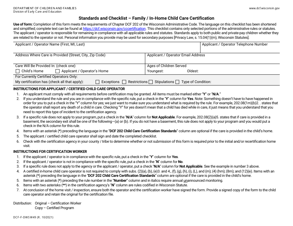 Form DCF-F-DWSW49 Standards and Checklist - Family / In-home Child Care Certification - Wisconsin, Page 1