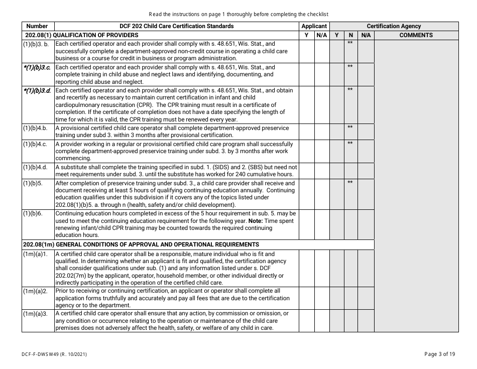 Form DCF-F-DWSW49 Standards and Checklist - Family / In-home Child Care Certification - Wisconsin, Page 3