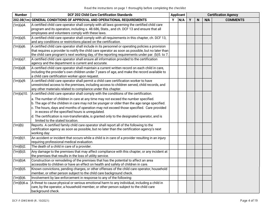 Form DCF-F-DWSW49 Standards and Checklist - Family / In-home Child Care Certification - Wisconsin, Page 4