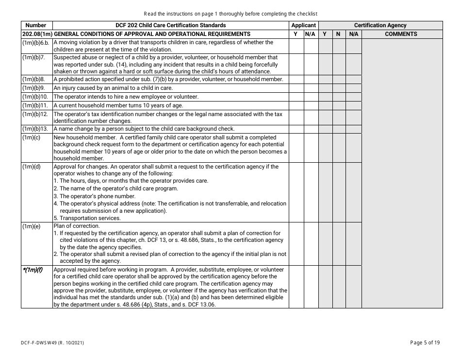Form DCF-F-DWSW49 Standards and Checklist - Family / In-home Child Care Certification - Wisconsin, Page 5