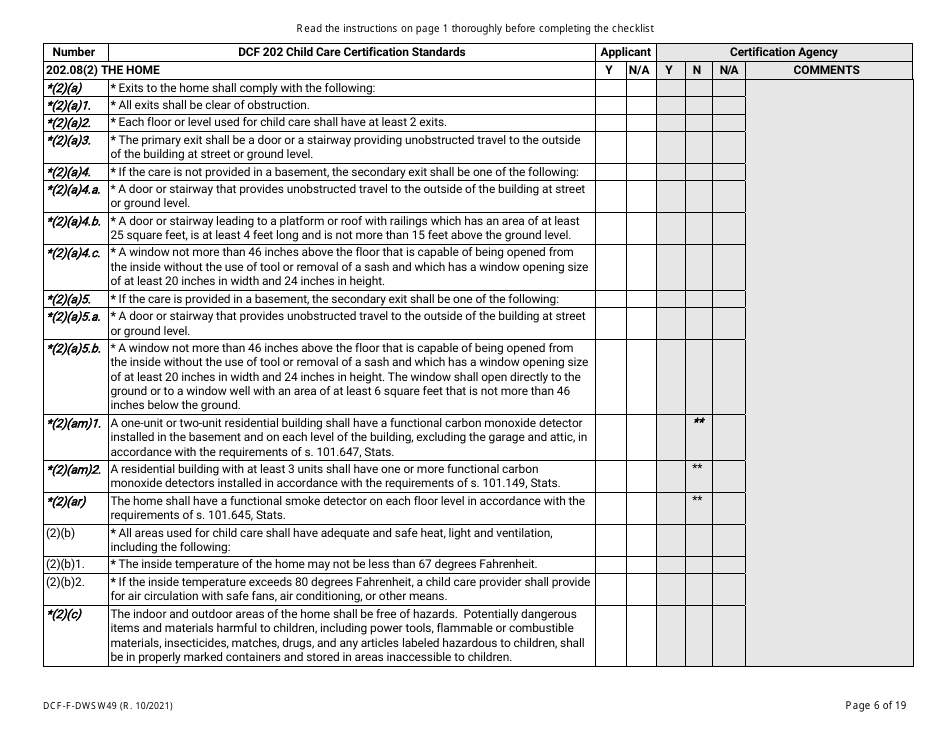 Form DCF-F-DWSW49 Standards and Checklist - Family / In-home Child Care Certification - Wisconsin, Page 6