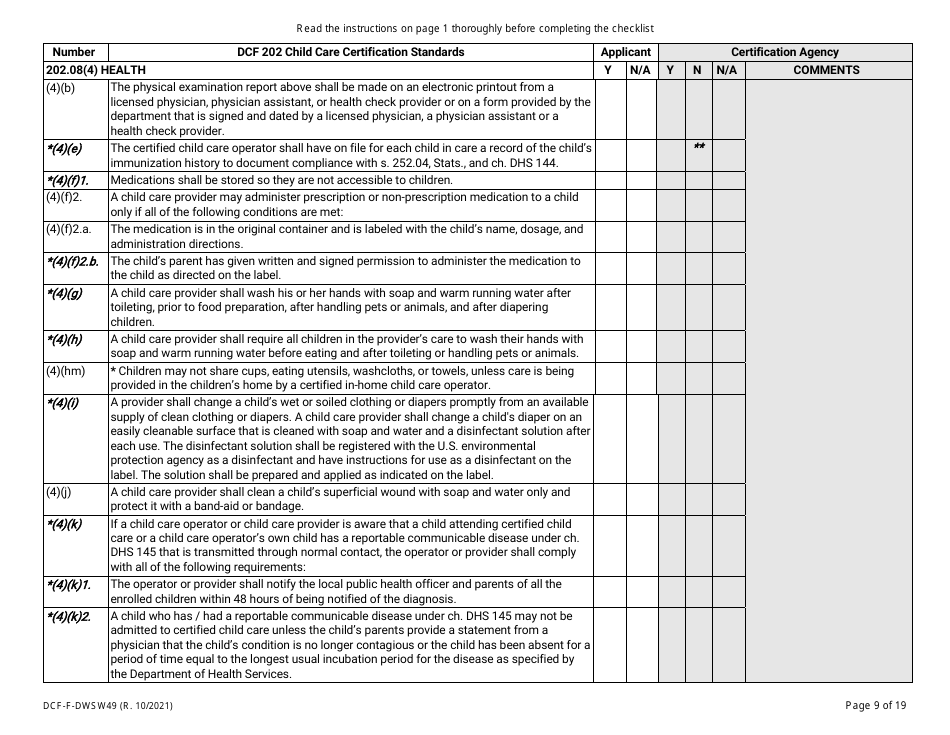 Form DCF-F-DWSW49 Standards and Checklist - Family / In-home Child Care Certification - Wisconsin, Page 9