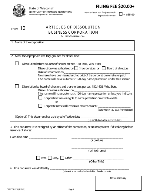 Form DFI/CORP/10 Articles of Dissolution - Business Corporation - Wisconsin