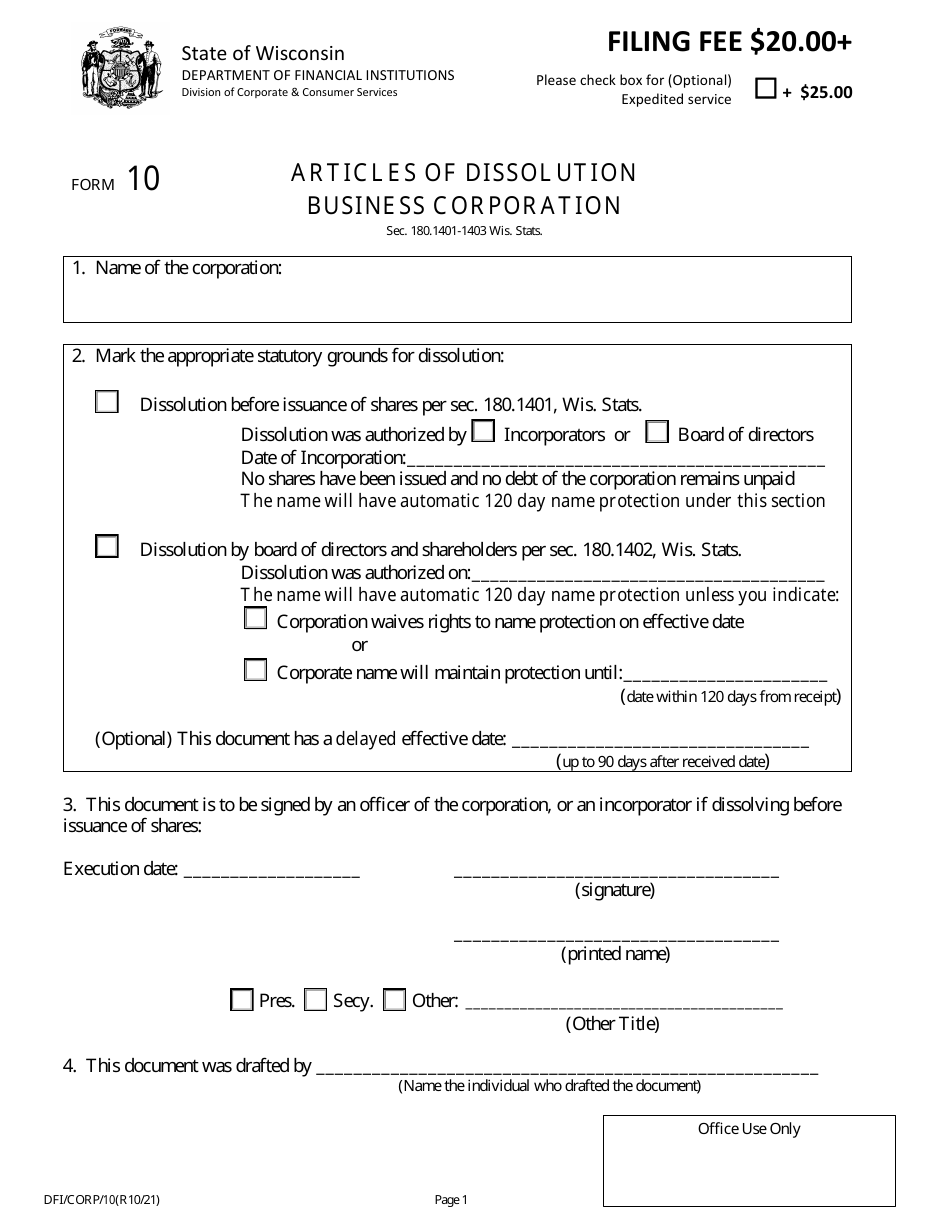 Form DFI/CORP/10 Fill Out, Sign Online and Download Fillable PDF