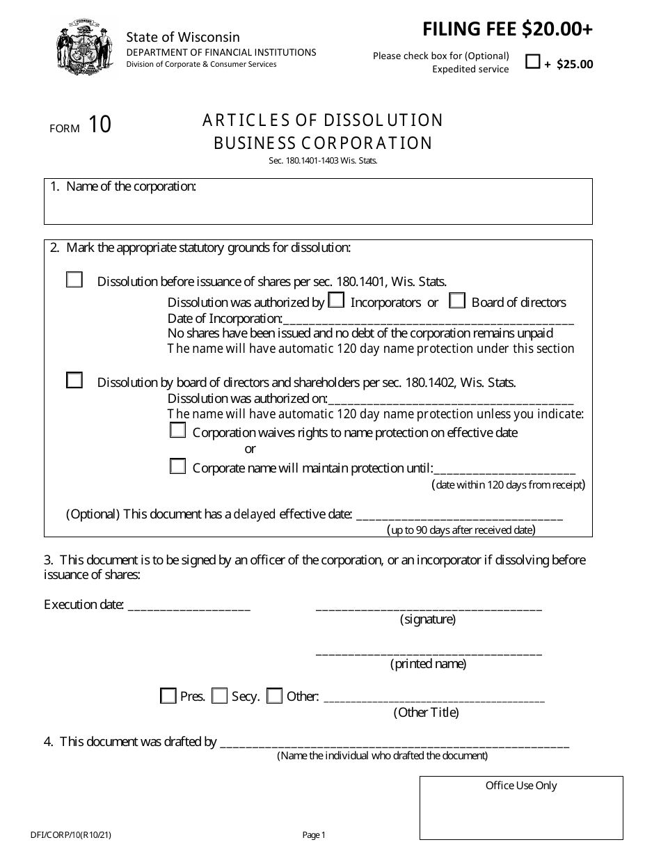 Form DFI / CORP / 10 Articles of Dissolution - Business Corporation - Wisconsin, Page 1