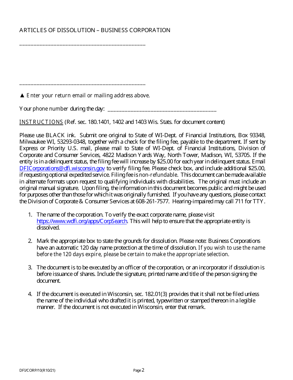 Form DFI / CORP / 10 Articles of Dissolution - Business Corporation - Wisconsin, Page 2