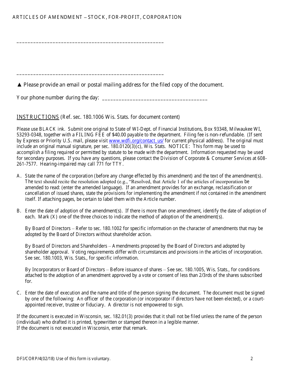 Form DFI / CORP / 4 Articles of Amendment - Stock, for-Profit Corporation - Wisconsin, Page 2