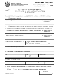 Document preview: Form DFI/CORP/21 Foreign Business Corporation Certificate of Authority Application - Wisconsin
