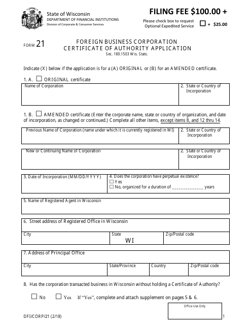 Form DFI/CORP/21 Foreign Business Corporation Certificate of Authority Application - Wisconsin