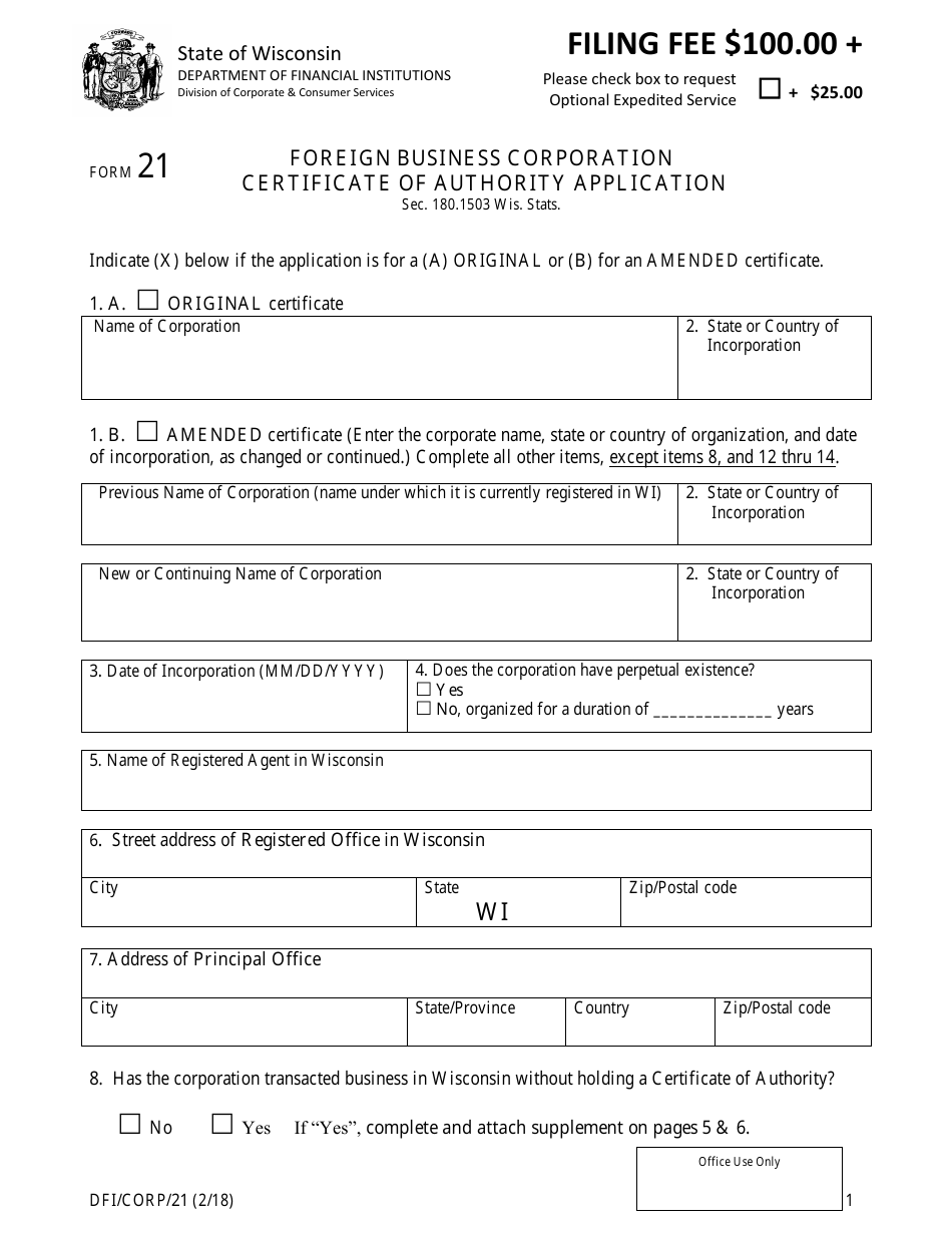 Form DFI / CORP / 21 Foreign Business Corporation Certificate of Authority Application - Wisconsin, Page 1