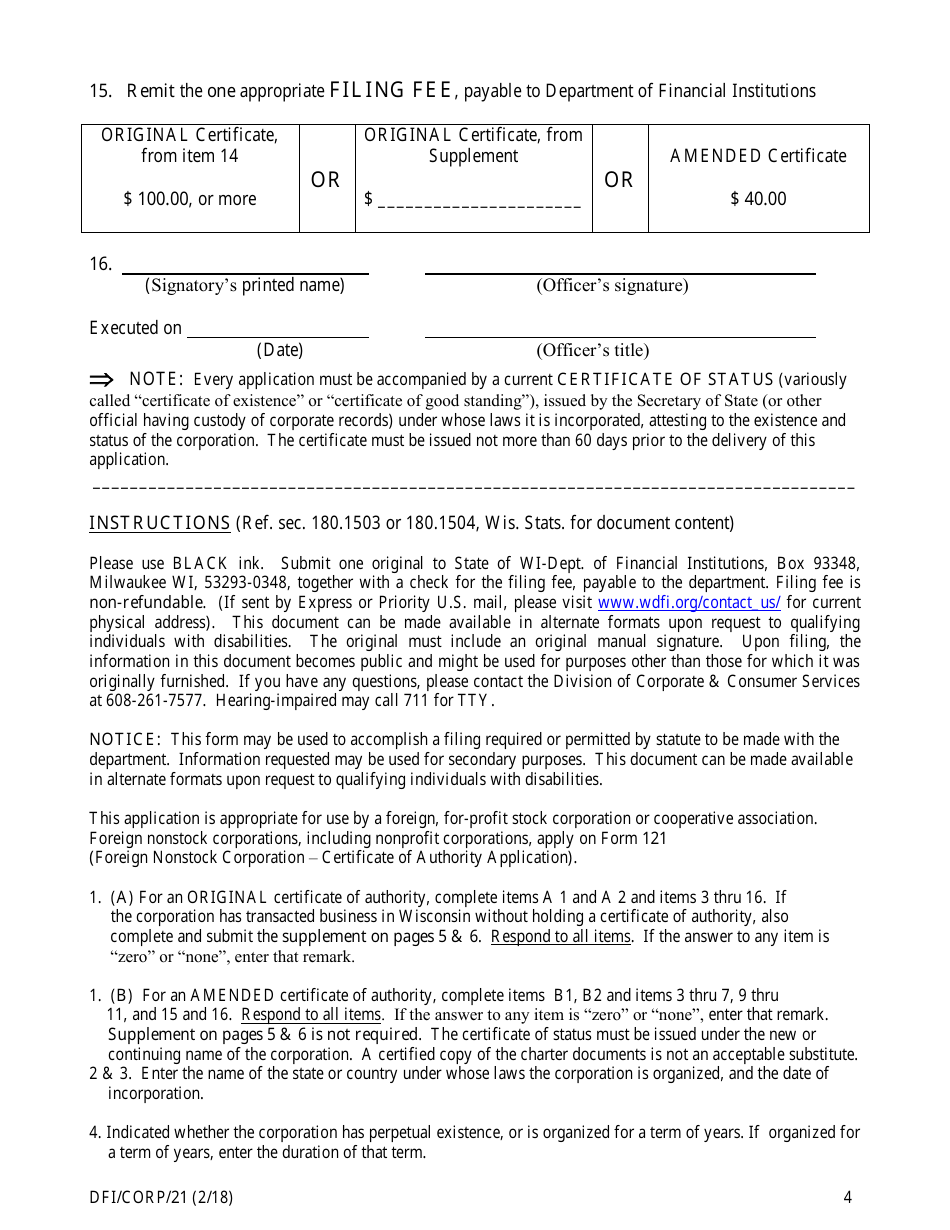 Form DFI / CORP / 21 Foreign Business Corporation Certificate of Authority Application - Wisconsin, Page 4