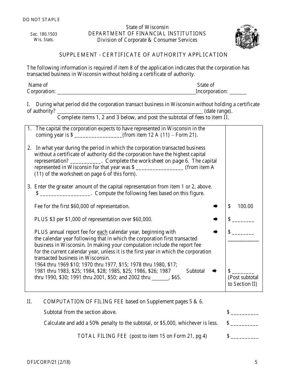 Form DFI / CORP / 21 Foreign Business Corporation Certificate of Authority Application - Wisconsin, Page 5