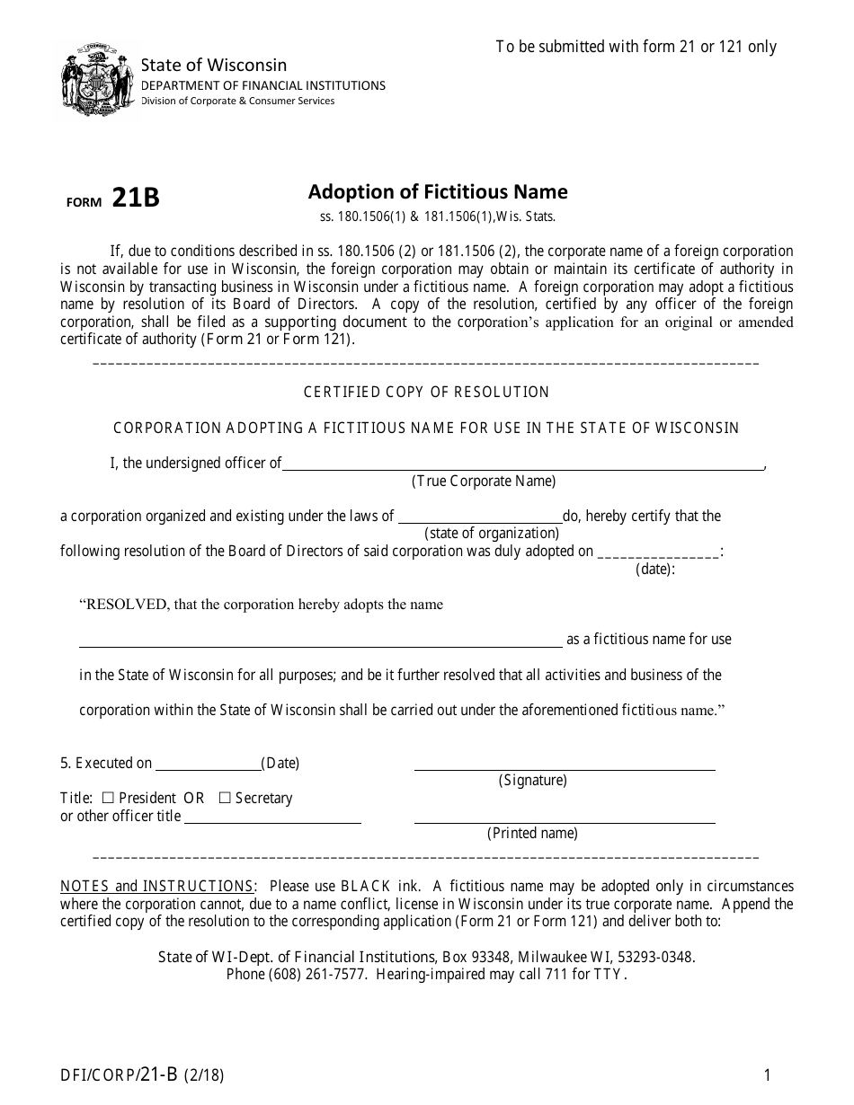 Form DFI / CORP / 21-B Adoption of Fictitious Name - Wisconsin, Page 1