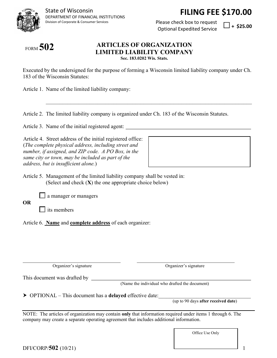 Form DFI / CORP / 502 Articles of Organization - Limited Liability Company - Wisconsin, Page 1