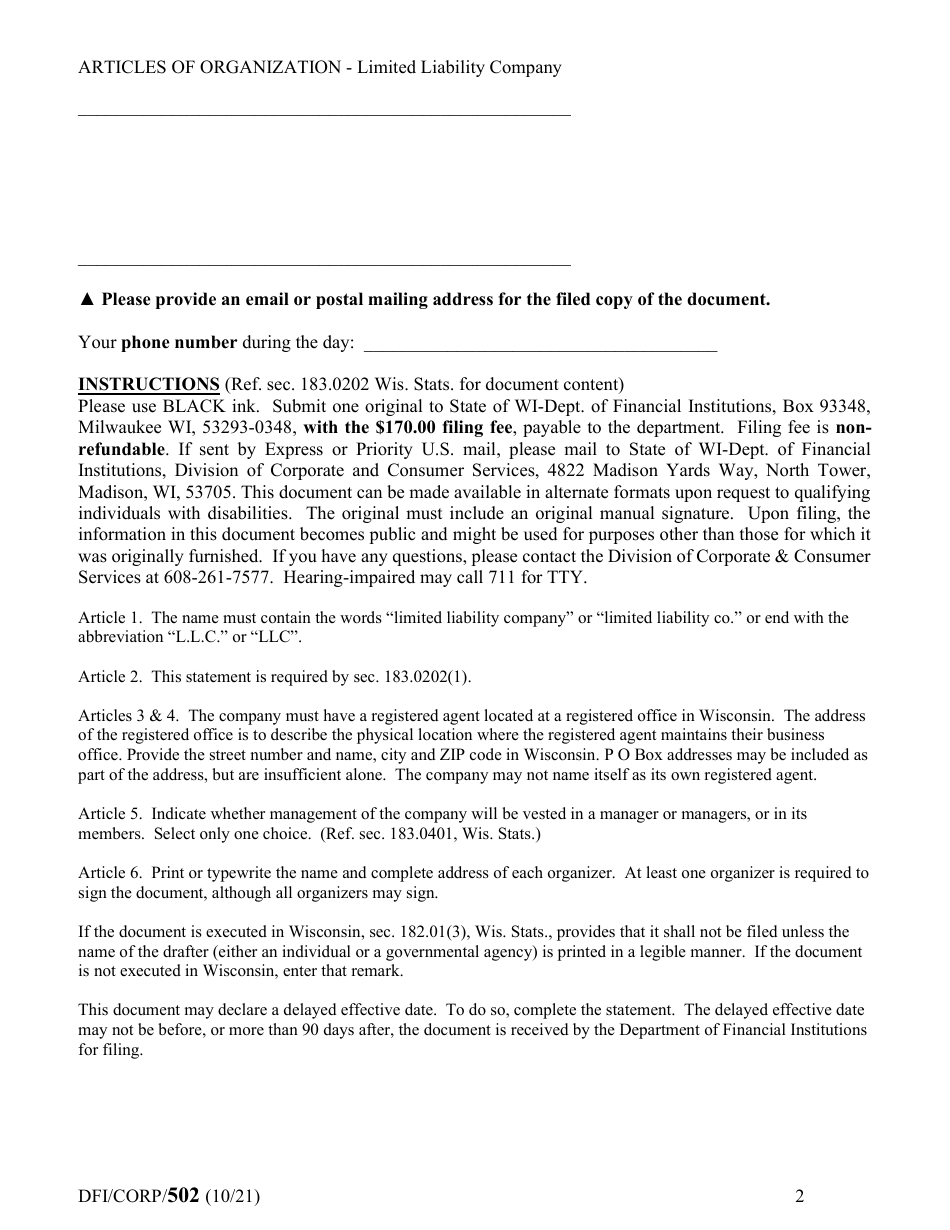 Form DFI / CORP / 502 Articles of Organization - Limited Liability Company - Wisconsin, Page 2