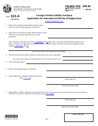 Document preview: Form DFI/CORP/521-A Foreign Limited Liability Company Application for Amended Certificate of Registration - Wisconsin