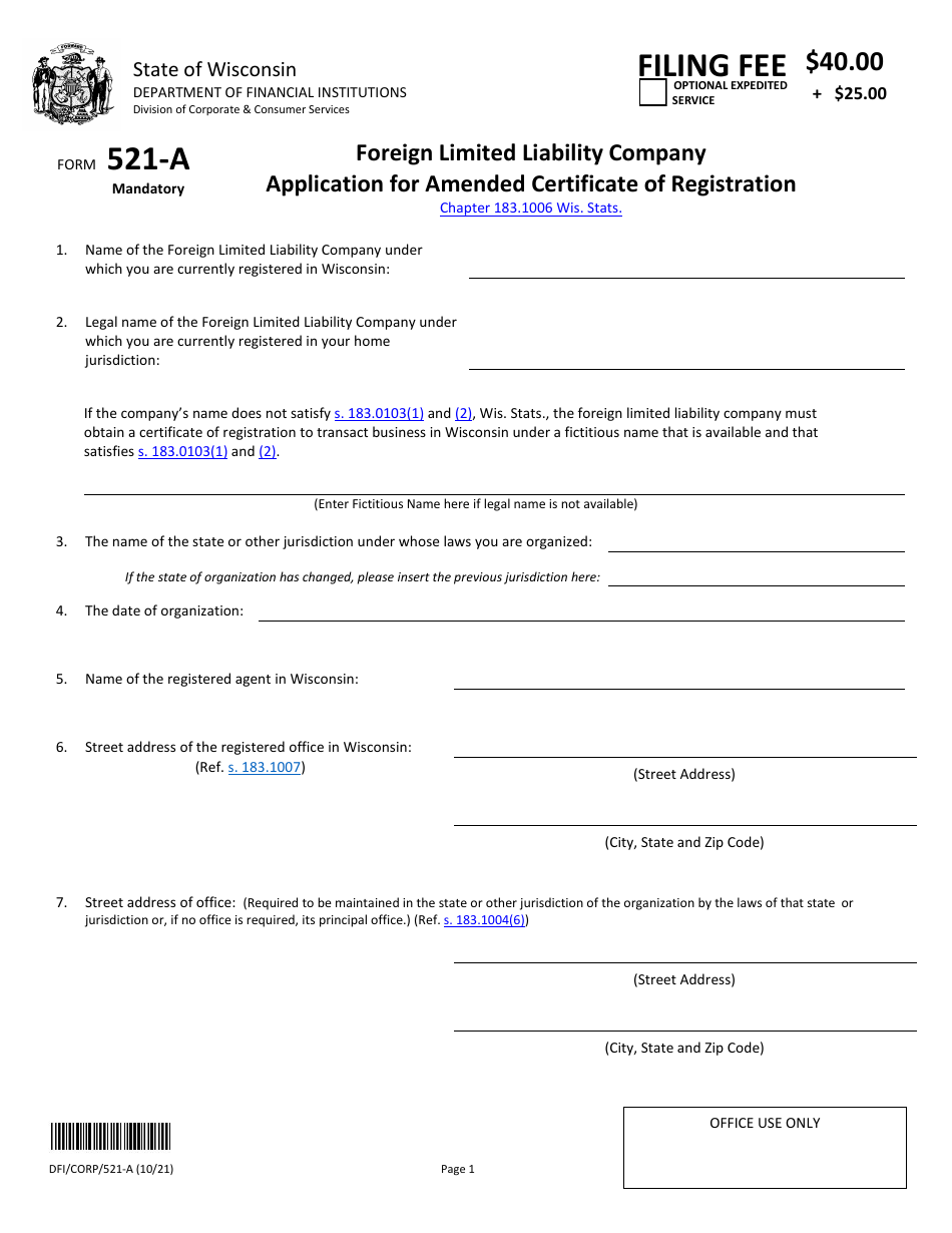 Form DFI / CORP / 521-A Foreign Limited Liability Company Application for Amended Certificate of Registration - Wisconsin, Page 1