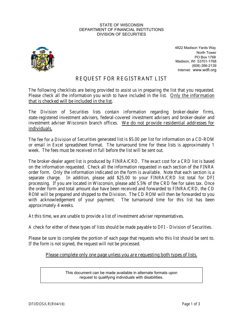 Form DFI / DOS / LR Request for Registrant List - Wisconsin, Page 1