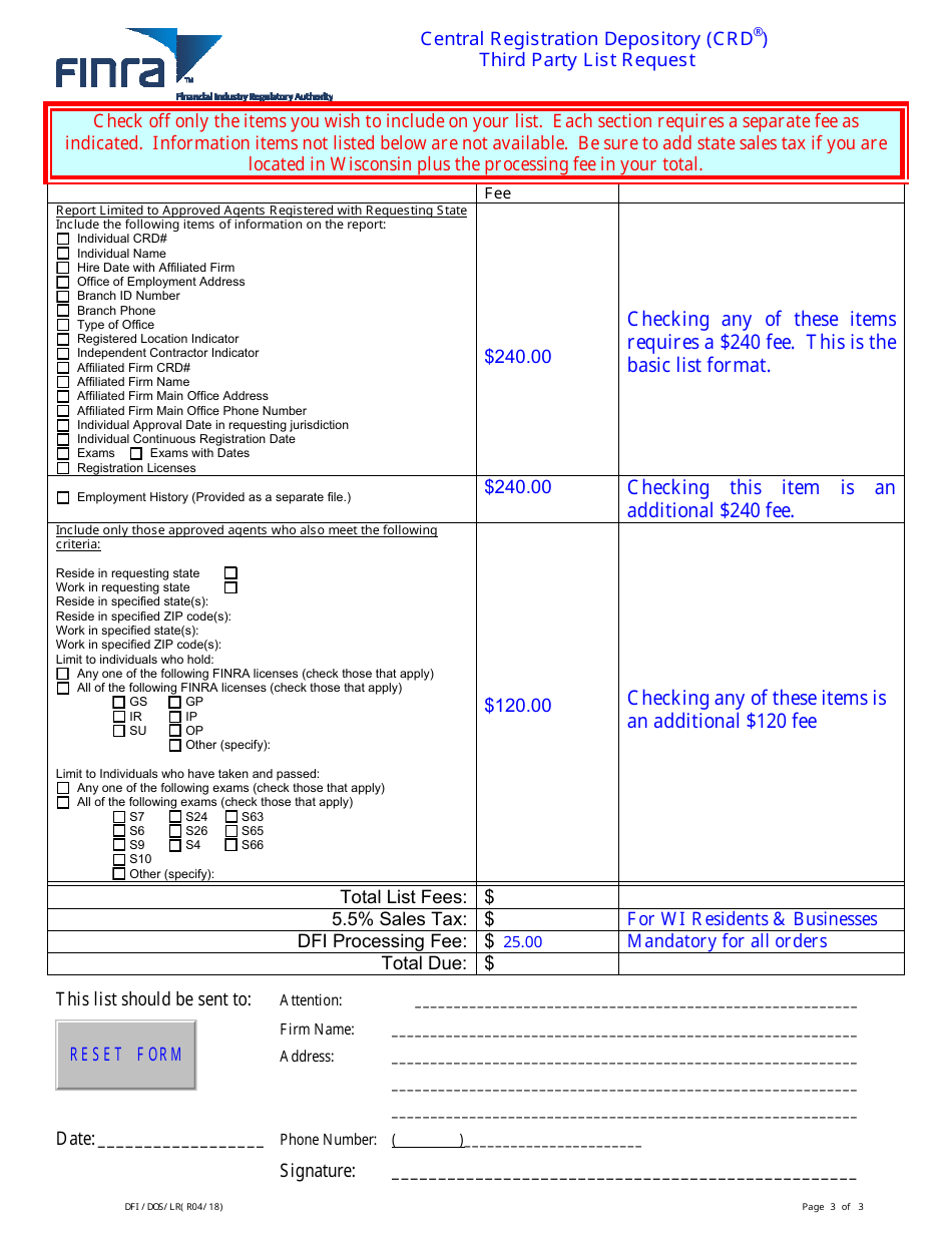 Form DFI / DOS / LR Request for Registrant List - Wisconsin, Page 3