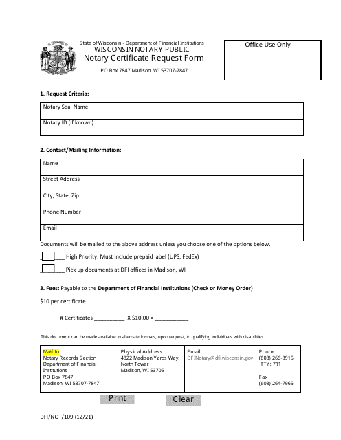 Form DFI/NOT/109 Notary Certificate Request Form - Wisconsin