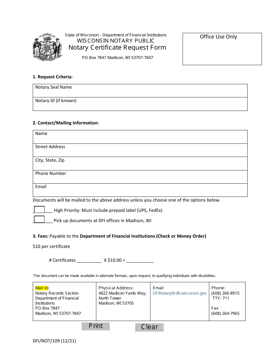 Form DFI / NOT / 109 Notary Certificate Request Form - Wisconsin, Page 1