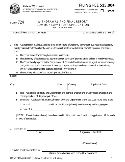Form DFI/CORP/724 Withdrawal and Final Report Common Law Trust Application - Wisconsin