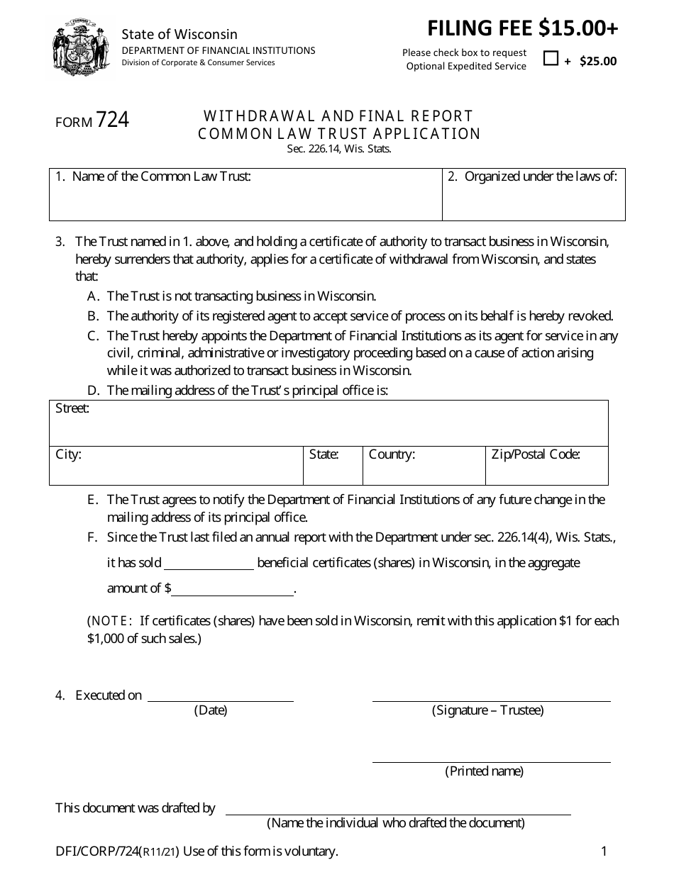 Form DFI / CORP / 724 Withdrawal and Final Report Common Law Trust Application - Wisconsin, Page 1