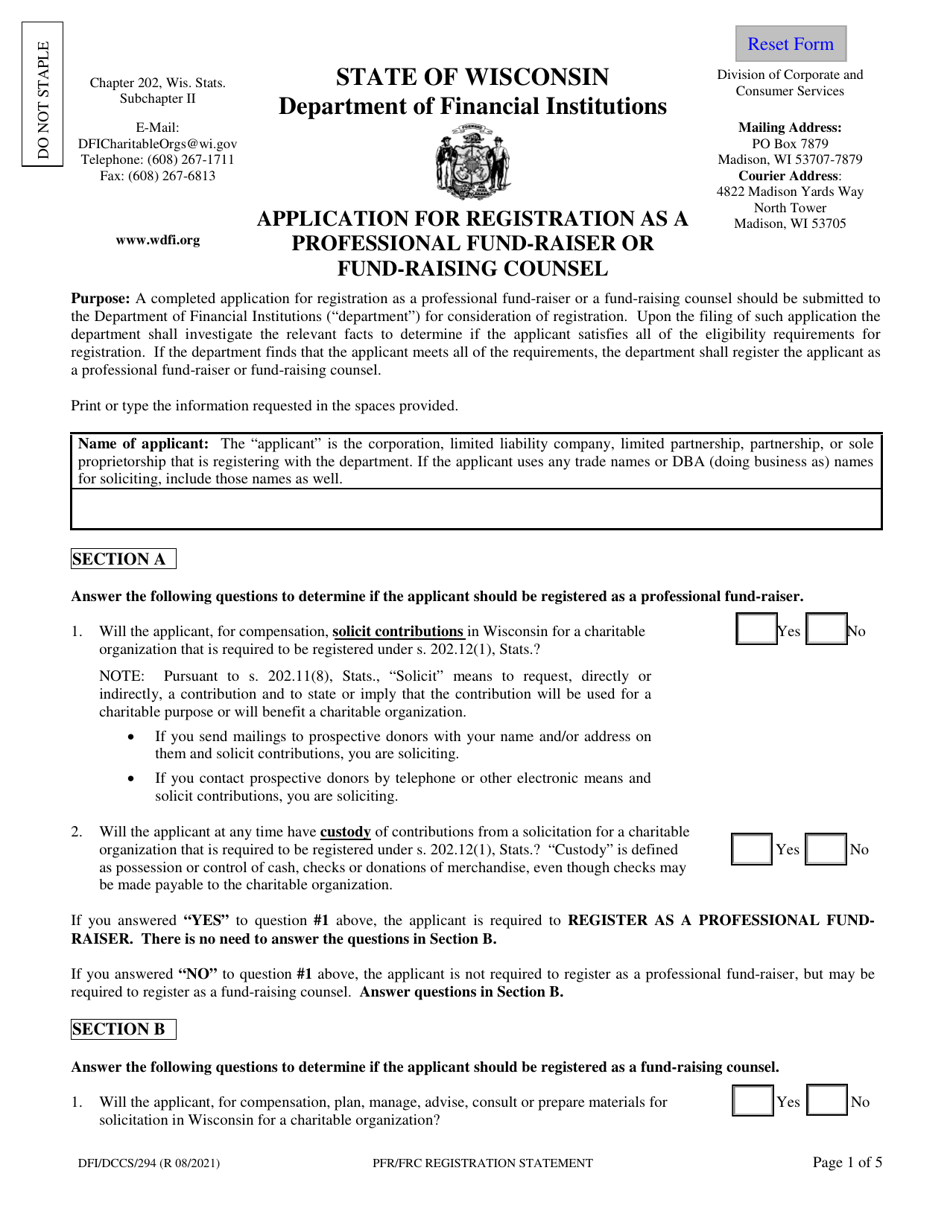 Form DFI / DCCS / 294 Application for Registration as a Professional Fund-Raiser or Fund-Raising Counsel - Wisconsin, Page 1