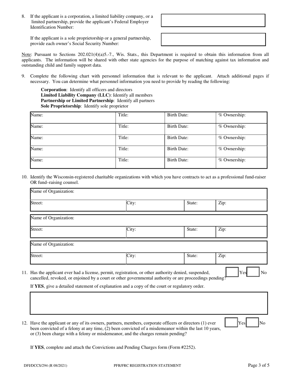 Form DFI / DCCS / 294 Application for Registration as a Professional Fund-Raiser or Fund-Raising Counsel - Wisconsin, Page 3