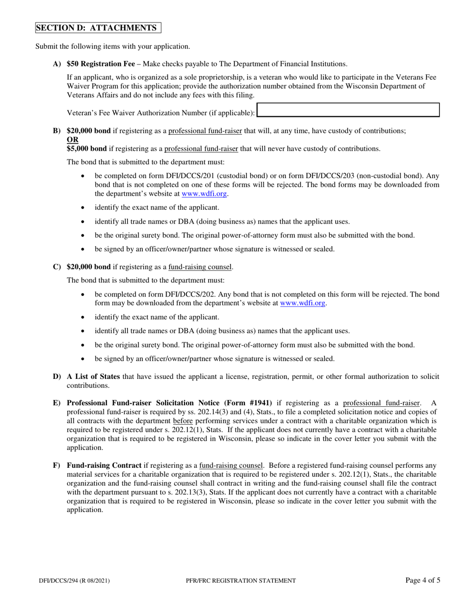 Form DFI / DCCS / 294 Application for Registration as a Professional Fund-Raiser or Fund-Raising Counsel - Wisconsin, Page 4