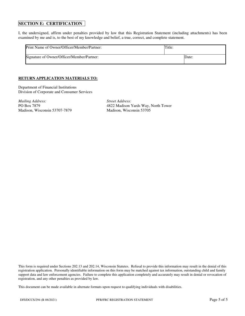 Form DFI / DCCS / 294 Application for Registration as a Professional Fund-Raiser or Fund-Raising Counsel - Wisconsin, Page 5
