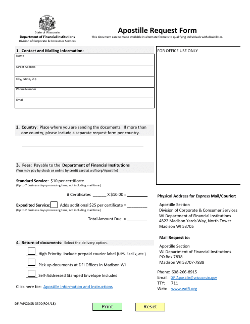 Form DFI/APOS/SR-3500 Apostille Request Form - Wisconsin