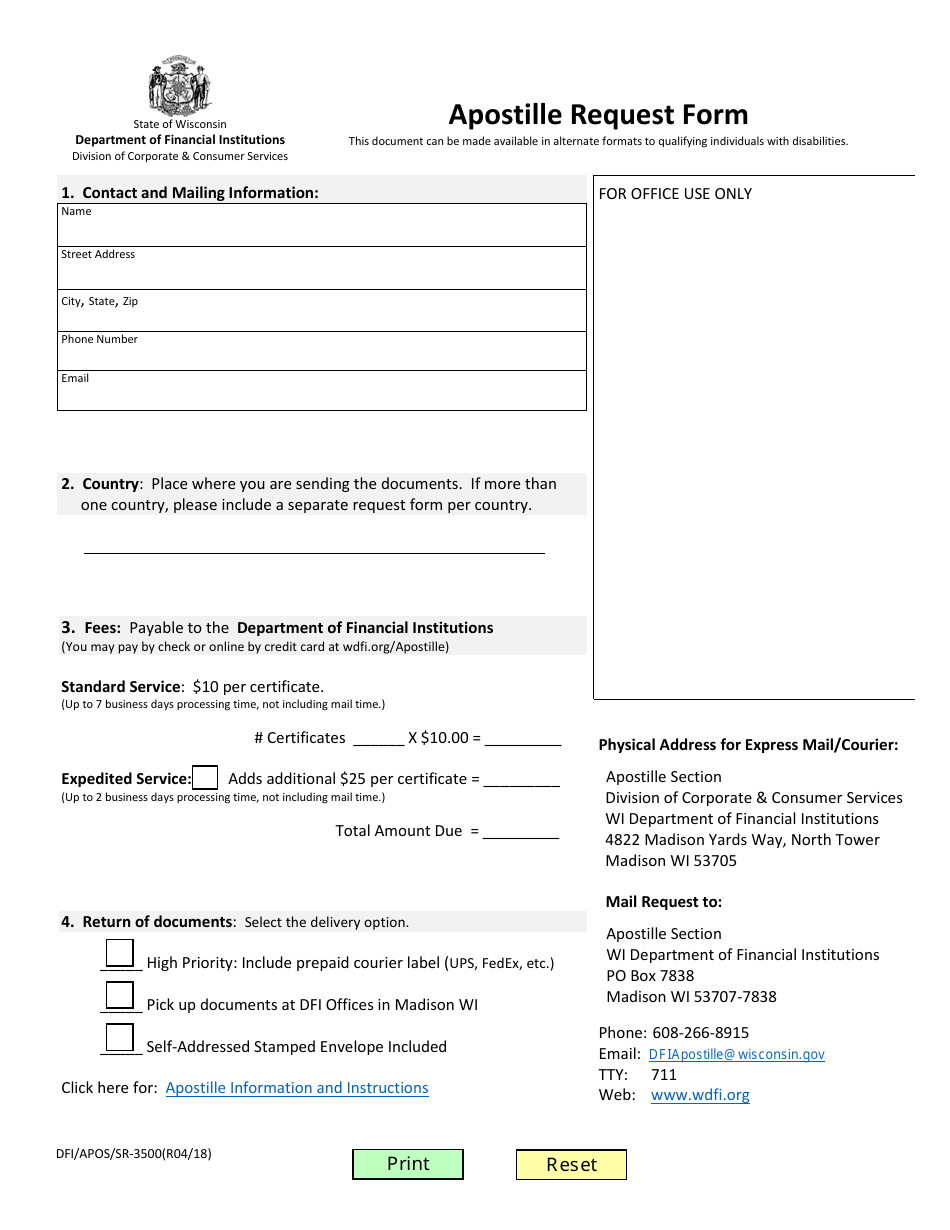 Form DFI / APOS / SR-3500 Apostille Request Form - Wisconsin, Page 1
